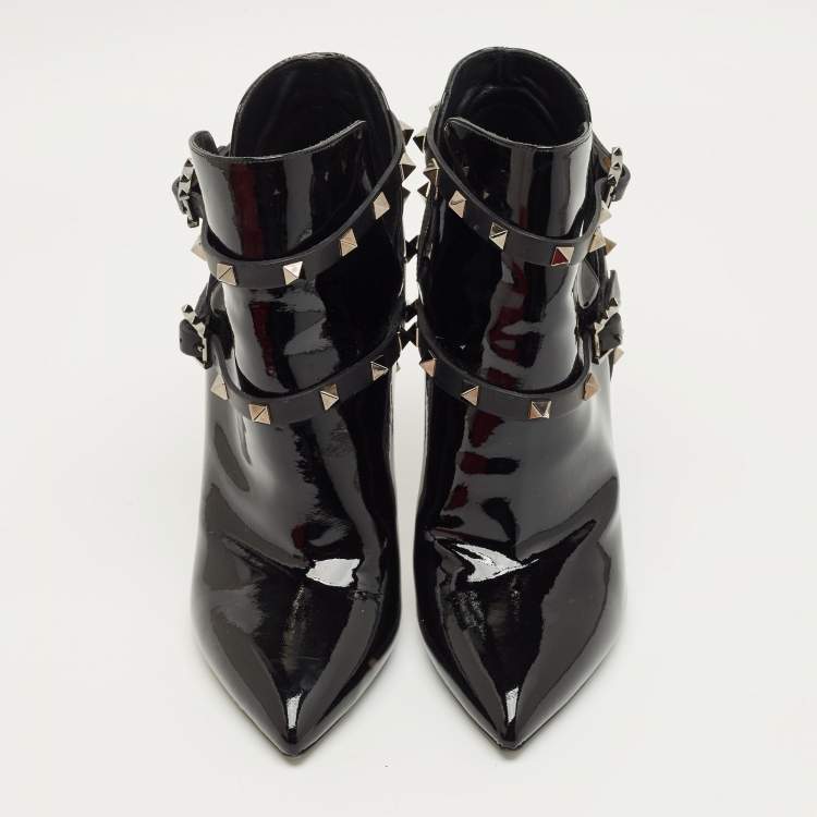 Pre Owned Valentino Black Patent Leather Rockstud Ankle Boots Size 39