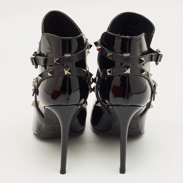 Pre Owned Valentino Black Patent Leather Rockstud Ankle Boots Size 39