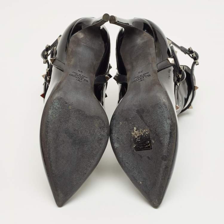 Pre Owned Valentino Black Patent Leather Rockstud Ankle Boots Size 39