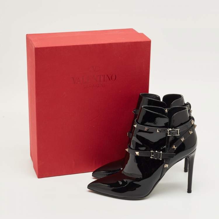 Pre Owned Valentino Black Patent Leather Rockstud Ankle Boots Size 39