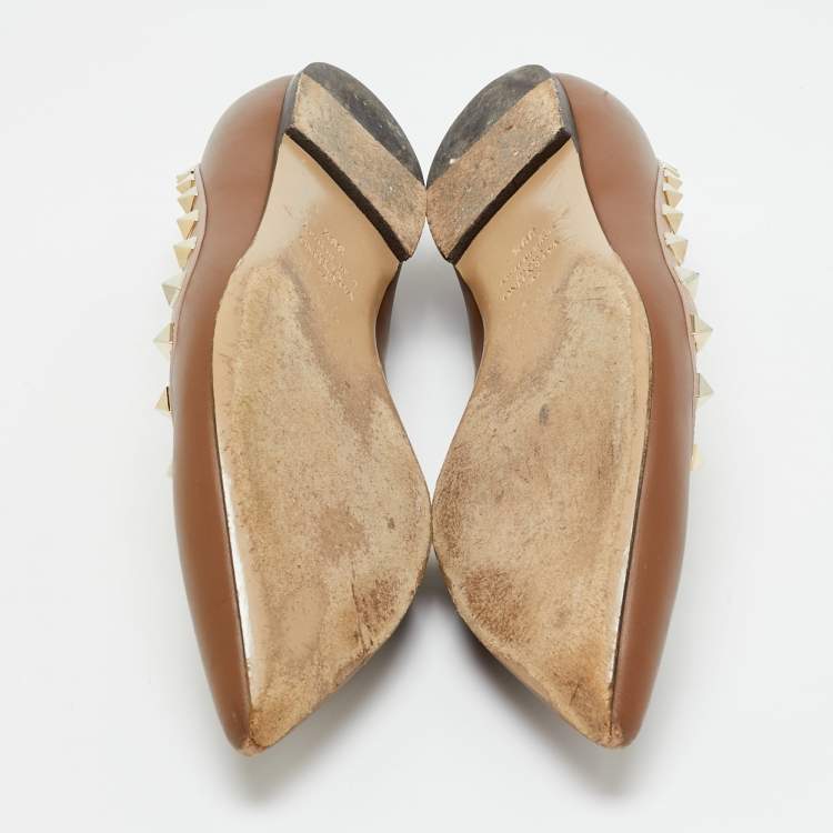 Pre Owned Valentino Brown/Beige Leather Rockstud Ballet Flats Size 39.5