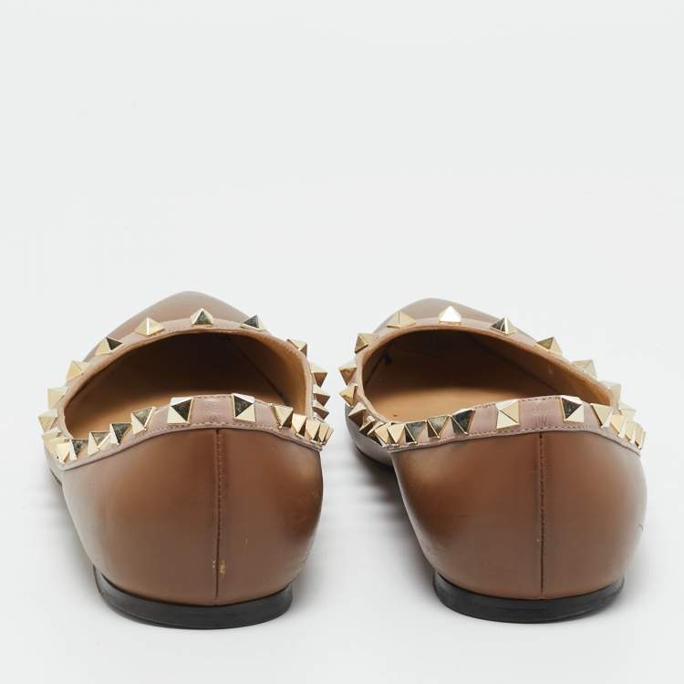 Pre Owned Valentino Brown/Beige Leather Rockstud Ballet Flats Size 39.5