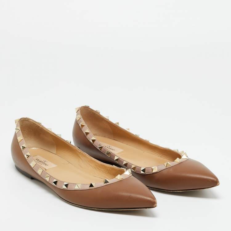 Pre Owned Valentino Brown/Beige Leather Rockstud Ballet Flats Size 39.5