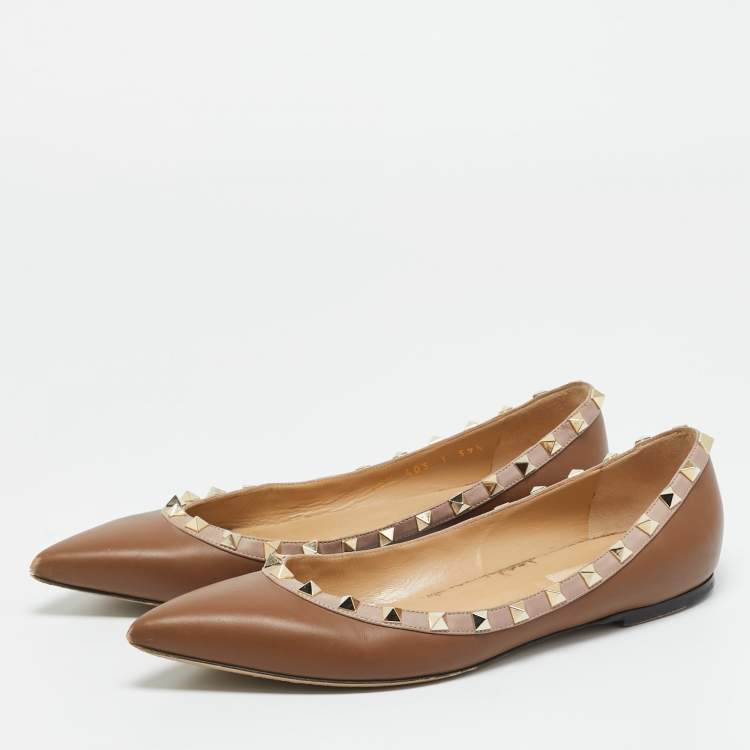 Pre Owned Valentino Brown/Beige Leather Rockstud Ballet Flats Size 39.5