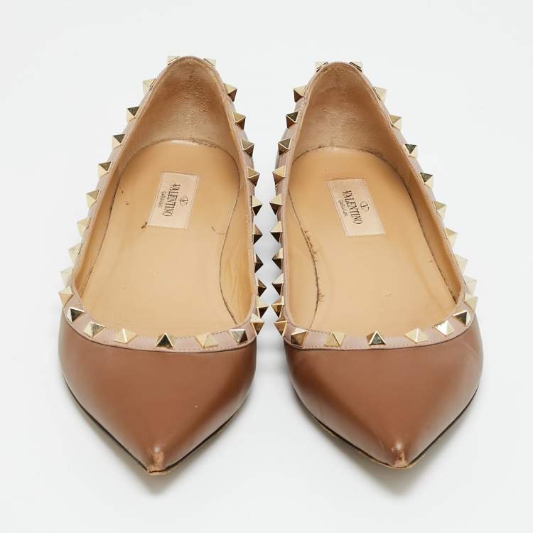 Pre Owned Valentino Brown/Beige Leather Rockstud Ballet Flats Size 39.5