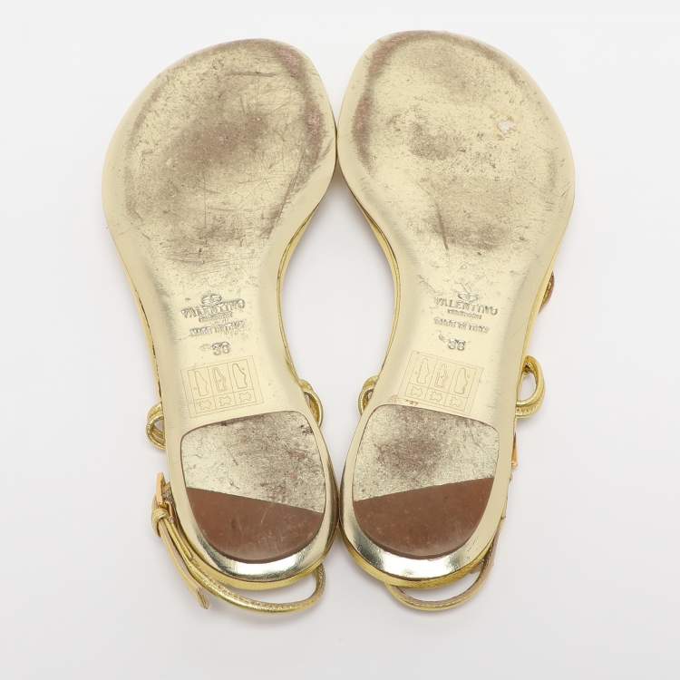 Pre Owned Valentino Metallic Gold Leather Embellished Flat Sandals Size 38