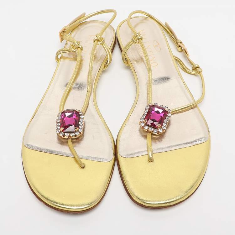 Pre Owned Valentino Metallic Gold Leather Embellished Flat Sandals Size 38