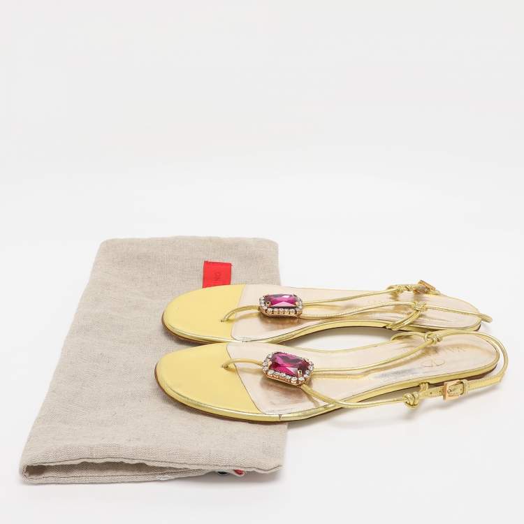 Pre Owned Valentino Metallic Gold Leather Embellished Flat Sandals Size 38