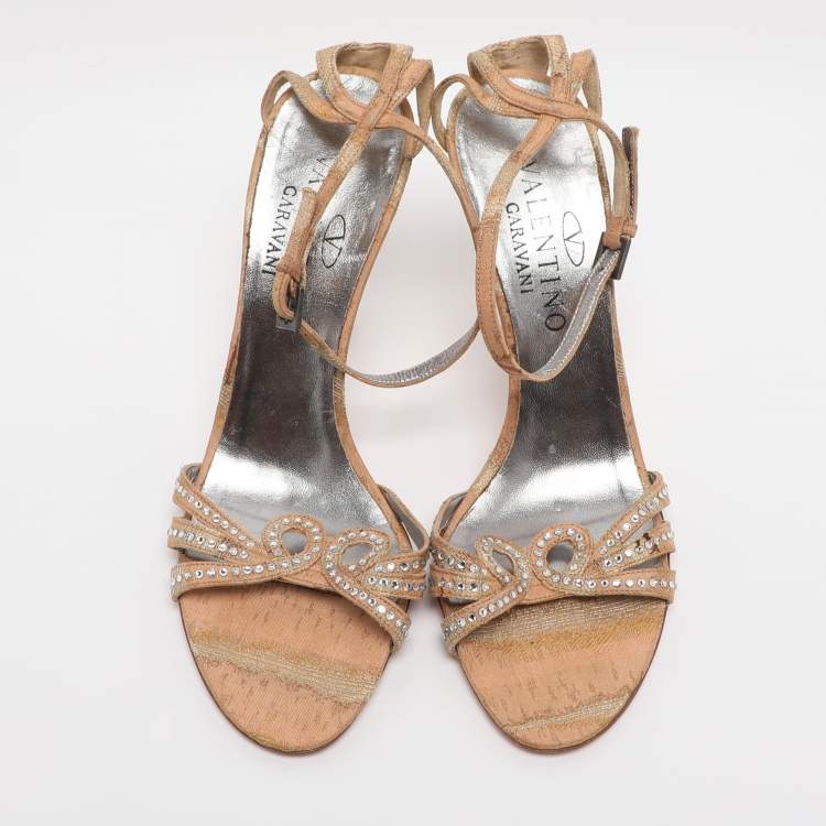 Pre Owned Valentino Beige Fabric Crystal Embellished Ankle Strap Sandals Size 38