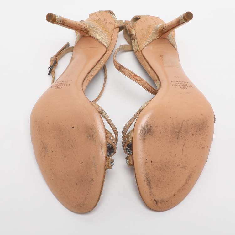 Pre Owned Valentino Beige Fabric Crystal Embellished Ankle Strap Sandals Size 38