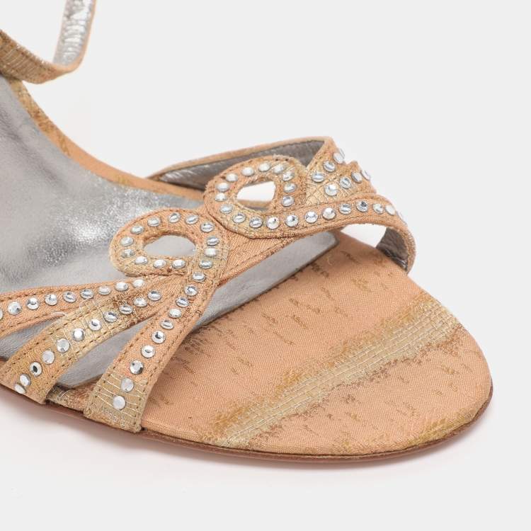 Pre Owned Valentino Beige Fabric Crystal Embellished Ankle Strap Sandals Size 38