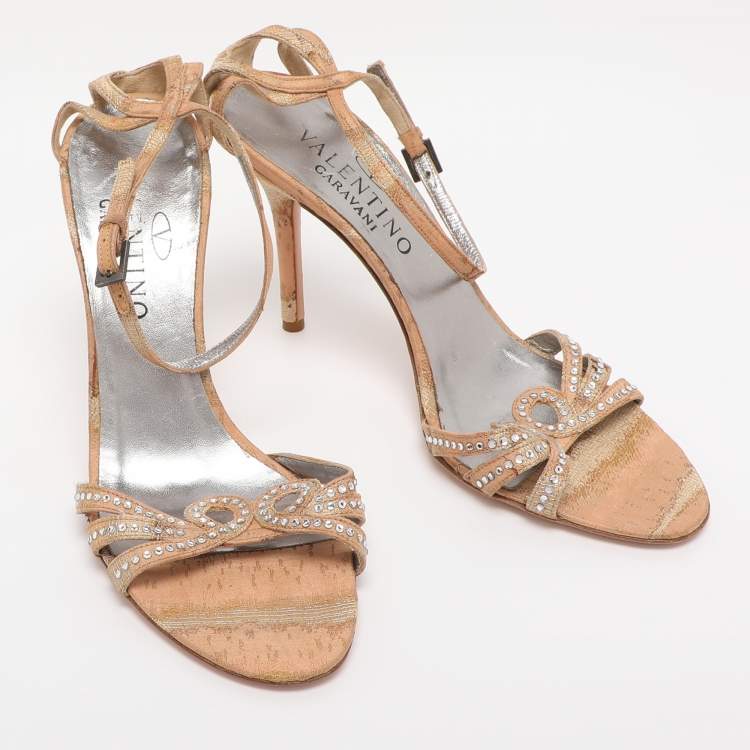 Pre Owned Valentino Beige Fabric Crystal Embellished Ankle Strap Sandals Size 38