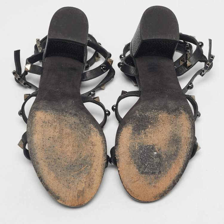 Pre Owned Valentino Black Leather Rockstud Ankle Strap Sandals Size 36