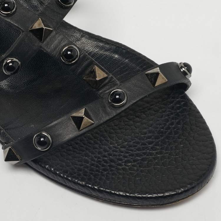 Pre Owned Valentino Black Leather Rockstud Ankle Strap Sandals Size 36
