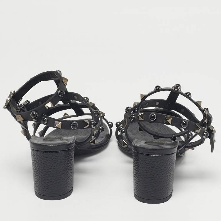 Pre Owned Valentino Black Leather Rockstud Ankle Strap Sandals Size 36