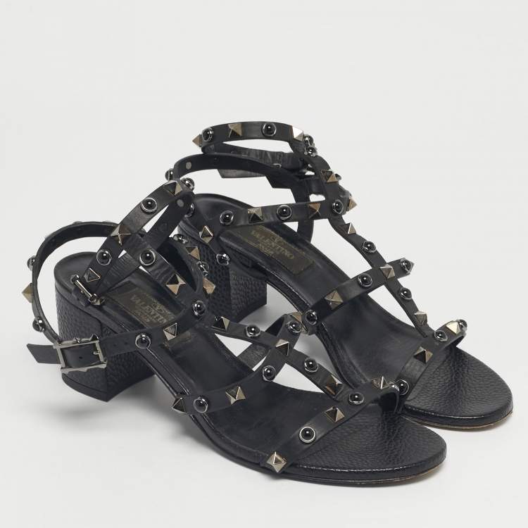 Pre Owned Valentino Black Leather Rockstud Ankle Strap Sandals Size 36