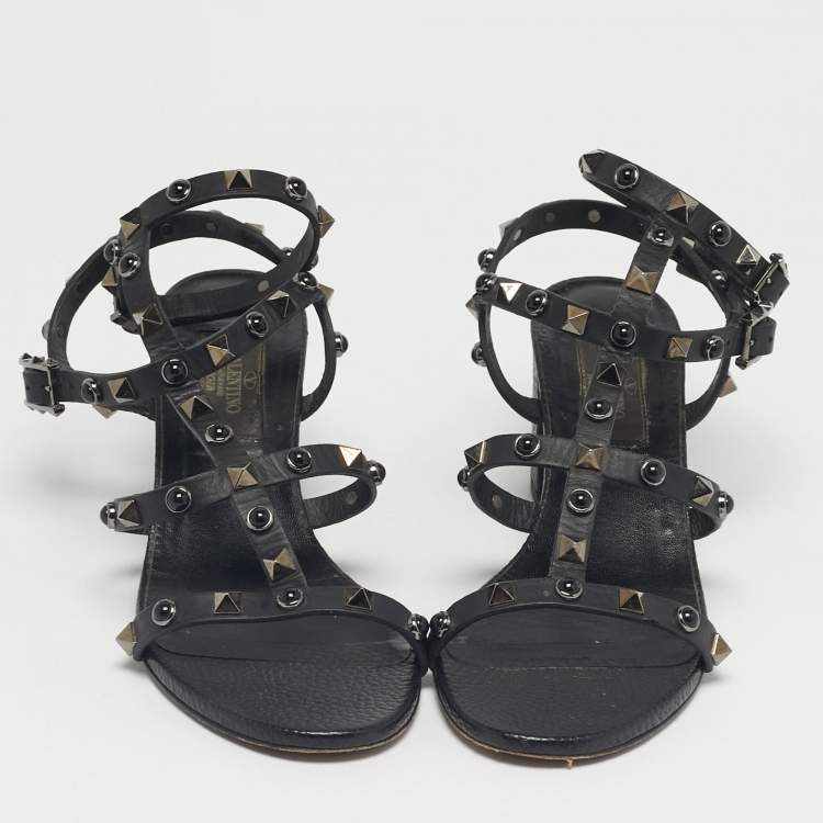 Pre Owned Valentino Black Leather Rockstud Ankle Strap Sandals Size 36