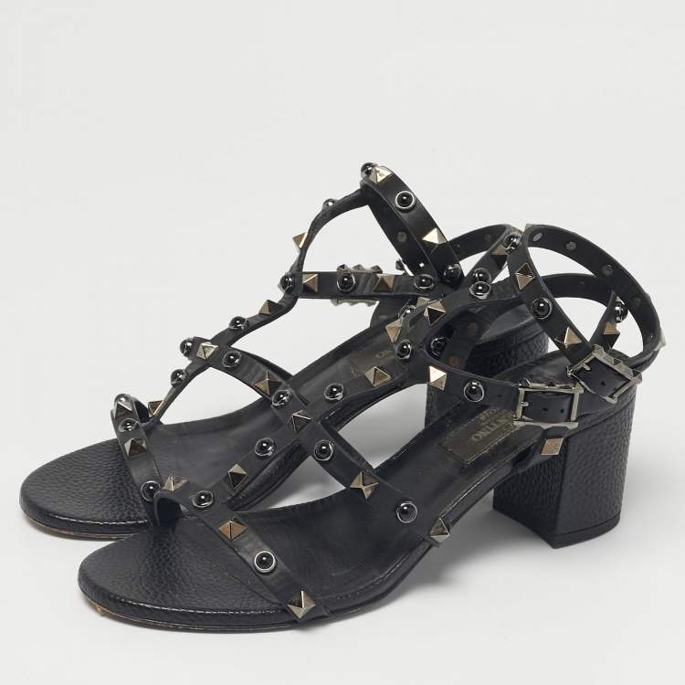 Pre Owned Valentino Black Leather Rockstud Ankle Strap Sandals Size 36