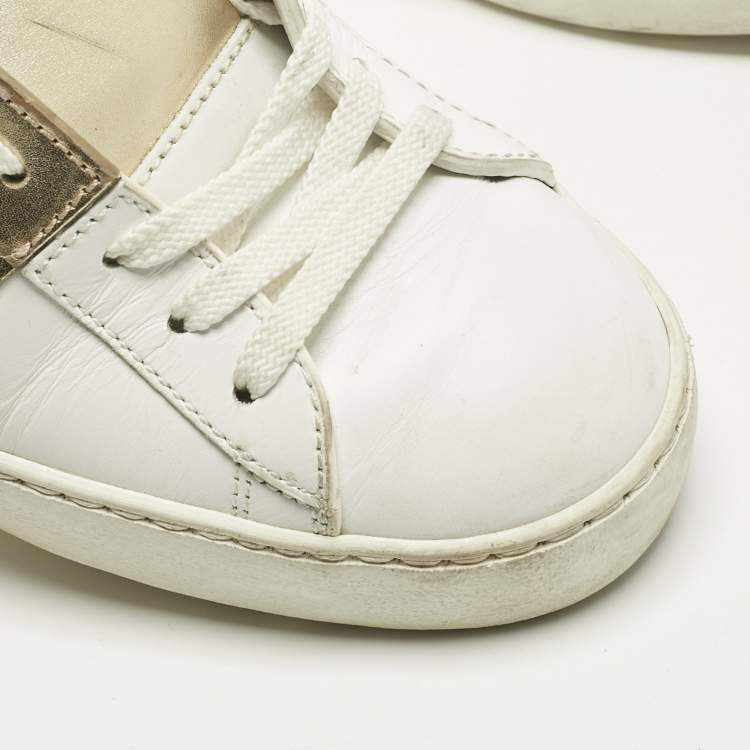 Pre Owned Valentino White/Gold Leather Rockstud Low Top Sneakers Size 38