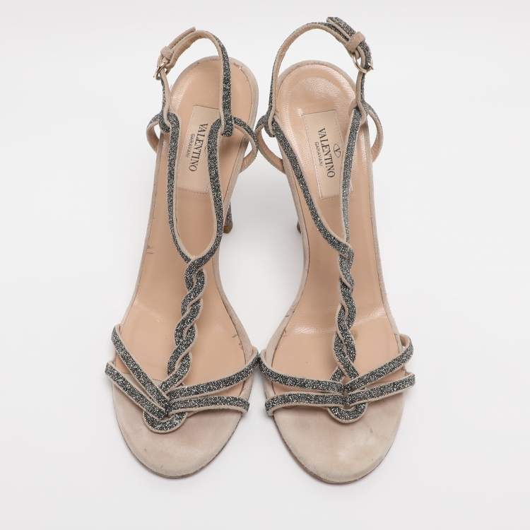 Pre Owned Valentino Beige Suede T-Strap Sandals Size 38.5