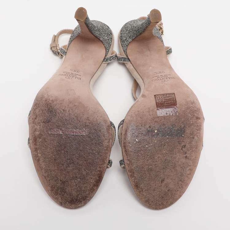 Pre Owned Valentino Beige Suede T-Strap Sandals Size 38.5