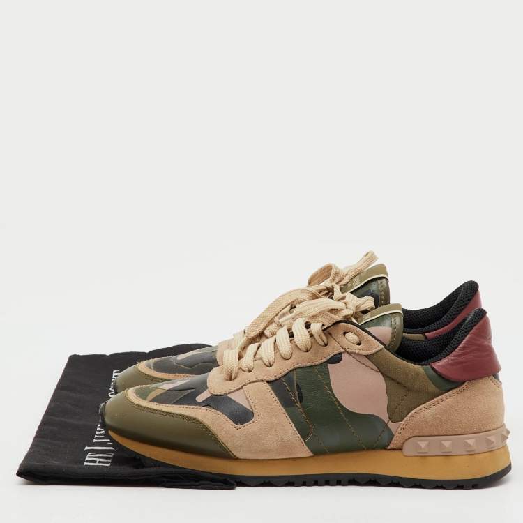 Pre Owned Valentino Multicolor Suede, Canvas and Leather Camouflage Rockrunner Sneakers Size 38
