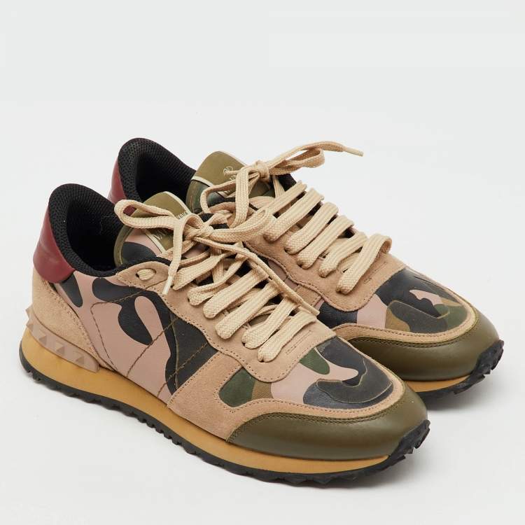 Pre Owned Valentino Multicolor Suede, Canvas and Leather Camouflage Rockrunner Sneakers Size 38