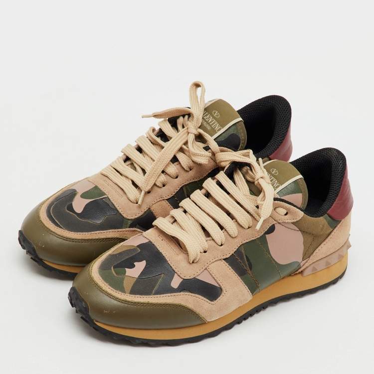 Pre Owned Valentino Multicolor Suede, Canvas and Leather Camouflage Rockrunner Sneakers Size 38