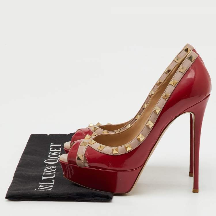 Pre Owned Valentino Red/Dusty Pink Patent Leather Rockstud Peep Toe Platform Pumps Size 37.5