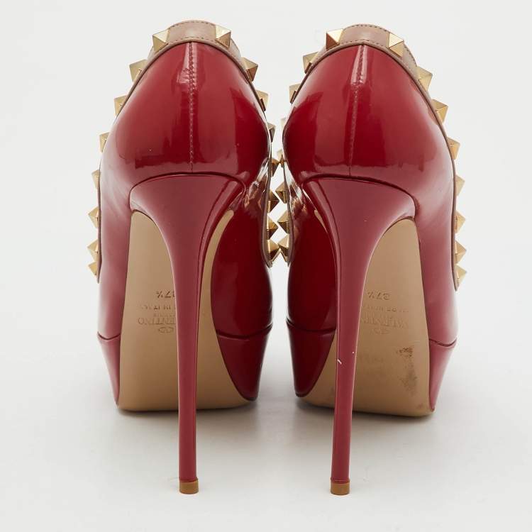 Pre Owned Valentino Red/Dusty Pink Patent Leather Rockstud Peep Toe Platform Pumps Size 37.5