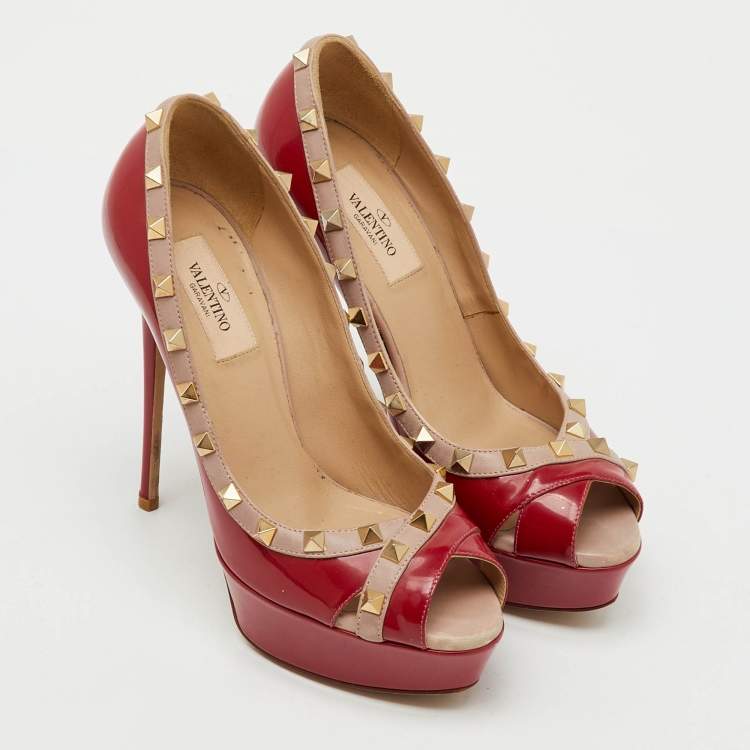 Pre Owned Valentino Red/Dusty Pink Patent Leather Rockstud Peep Toe Platform Pumps Size 37.5