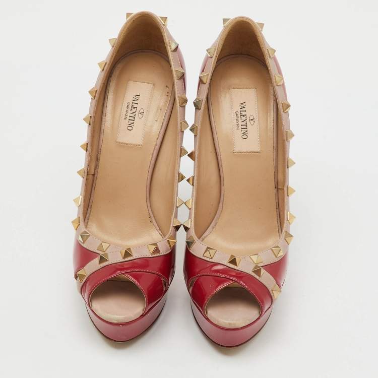 Pre Owned Valentino Red/Dusty Pink Patent Leather Rockstud Peep Toe Platform Pumps Size 37.5