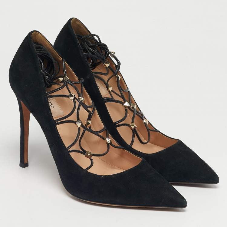 Pre Owned Valentino Black Leather and Suede Rockstud Lace Up Pumps Size 40