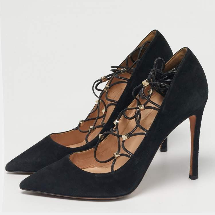 Pre Owned Valentino Black Leather and Suede Rockstud Lace Up Pumps Size 40