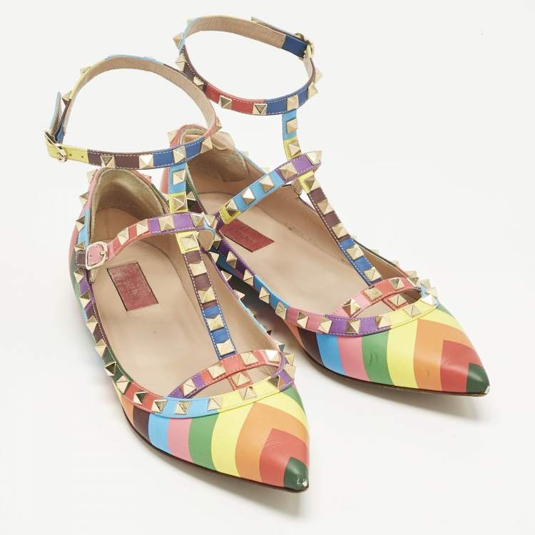 Pre Owned Valentino Multicolor Leather Rockstud Ballet Flats Size 40
