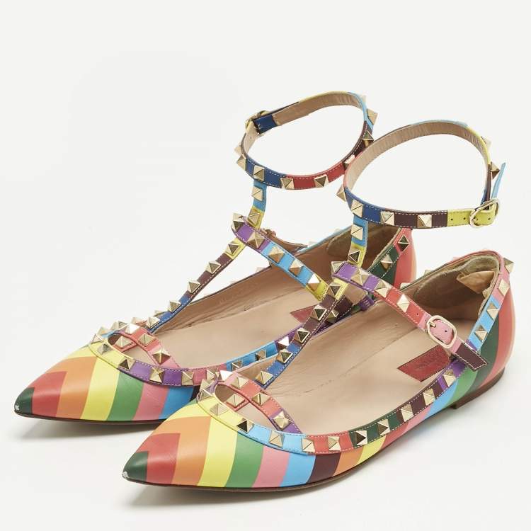 Pre Owned Valentino Multicolor Leather Rockstud Ballet Flats Size 40