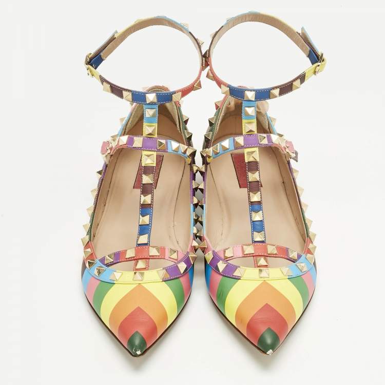 Pre Owned Valentino Multicolor Leather Rockstud Ballet Flats Size 40