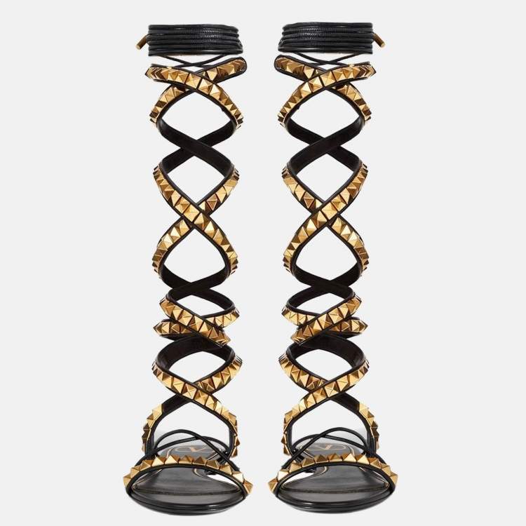 Pre Owned Valentino Black Leather Rockstud Ankle Wrap Sandals Size 37