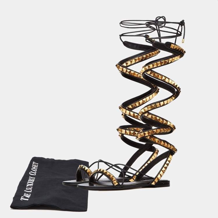 Pre Owned Valentino Black Leather Rockstud Ankle Wrap Sandals Size 37