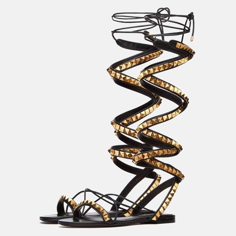 Pre Owned Valentino Black Leather Rockstud Ankle Wrap Sandals Size 37