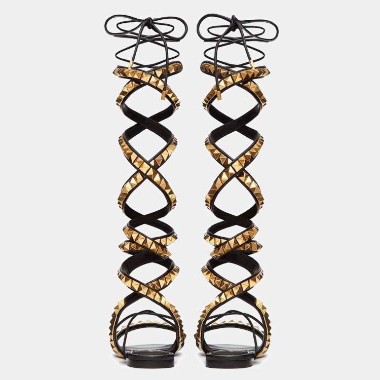 Pre Owned Valentino Black Leather Rockstud Ankle Wrap Sandals Size 37