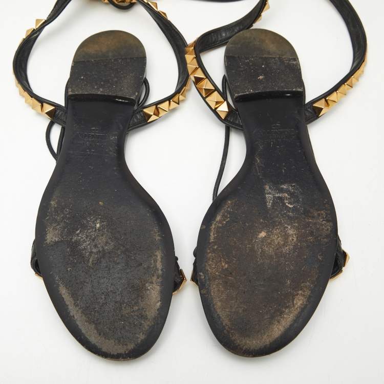 Pre Owned Valentino Black Leather Rockstud Ankle Wrap Sandals Size 37
