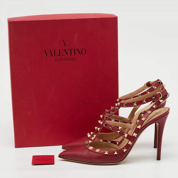 Pre Owned Valentino Dark Red Leather Rockstud Ankle Strap Pumps Size 41