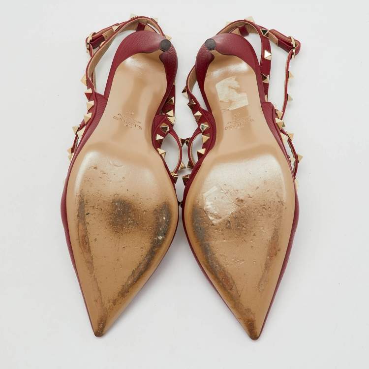 Pre Owned Valentino Dark Red Leather Rockstud Ankle Strap Pumps Size 41