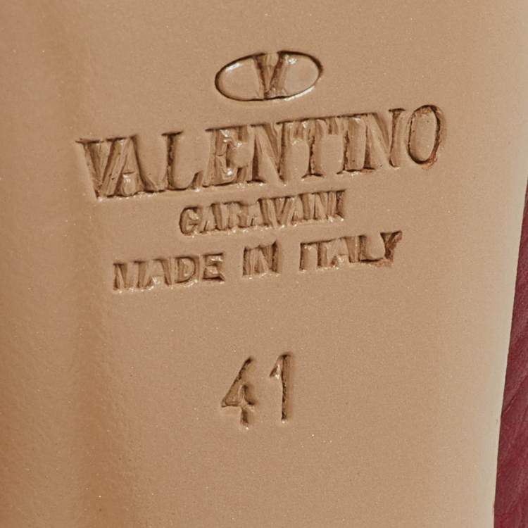 Pre Owned Valentino Dark Red Leather Rockstud Ankle Strap Pumps Size 41