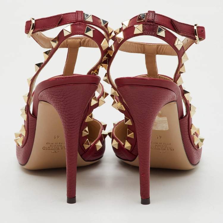 Pre Owned Valentino Dark Red Leather Rockstud Ankle Strap Pumps Size 41
