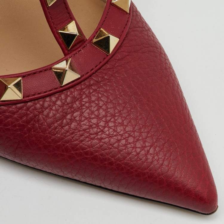 Pre Owned Valentino Dark Red Leather Rockstud Ankle Strap Pumps Size 41