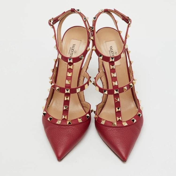 Pre Owned Valentino Dark Red Leather Rockstud Ankle Strap Pumps Size 41