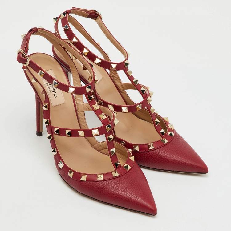 Pre Owned Valentino Dark Red Leather Rockstud Ankle Strap Pumps Size 41