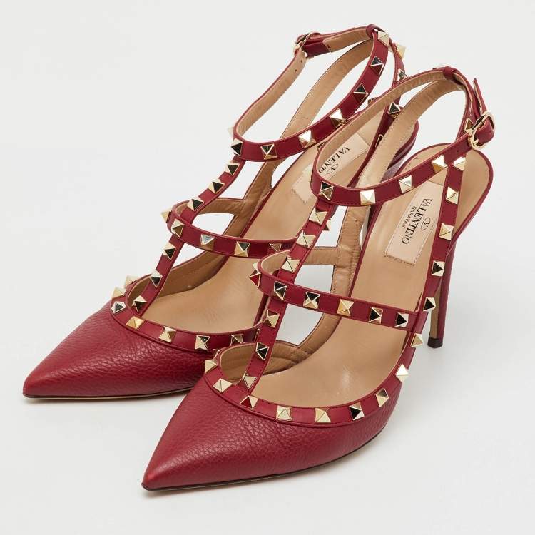 Pre Owned Valentino Dark Red Leather Rockstud Ankle Strap Pumps Size 41